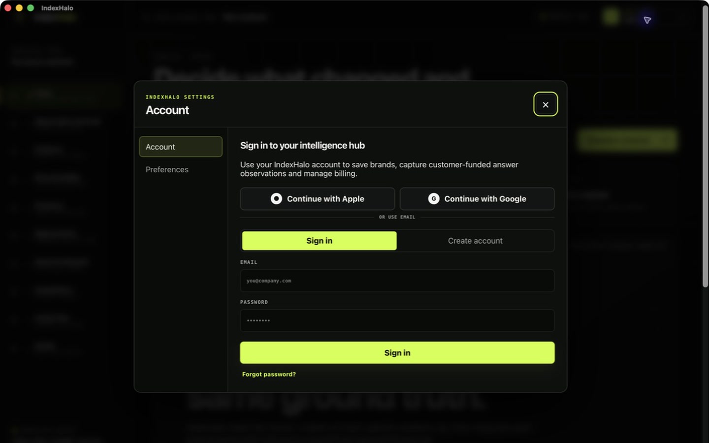 IndexHalo for Mac account screen with Apple, Google, and email sign-in