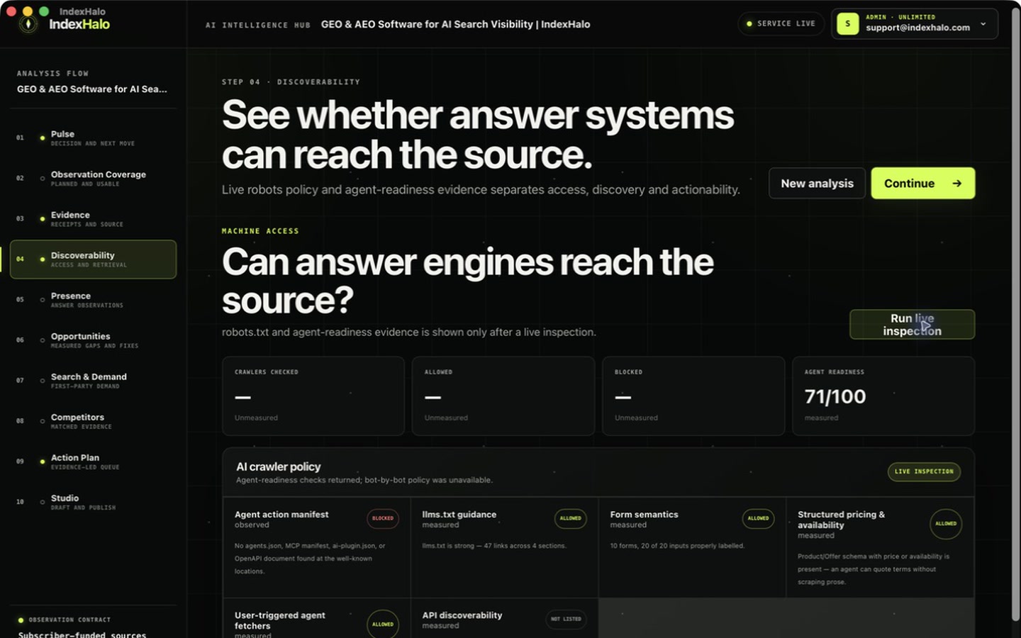 IndexHalo for Mac discoverability inspection showing a measured 71 out of 100 result