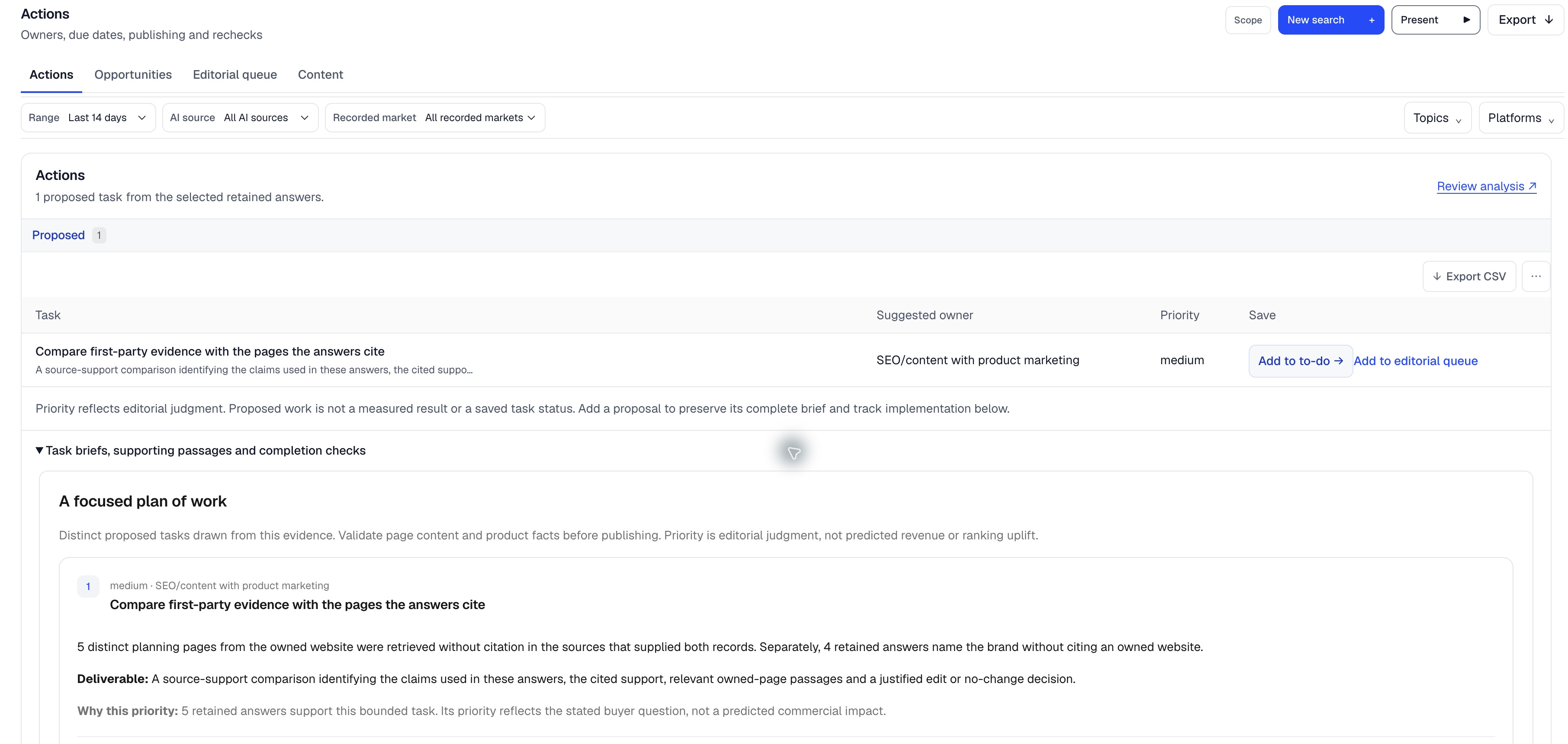 A proposed IndexHalo action comparing first-party evidence with cited pages, including its suggested owner and deliverable.