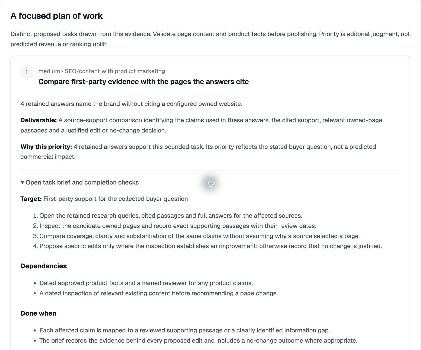 Expanded report task brief, supporting evidence, dependencies and completion checks.