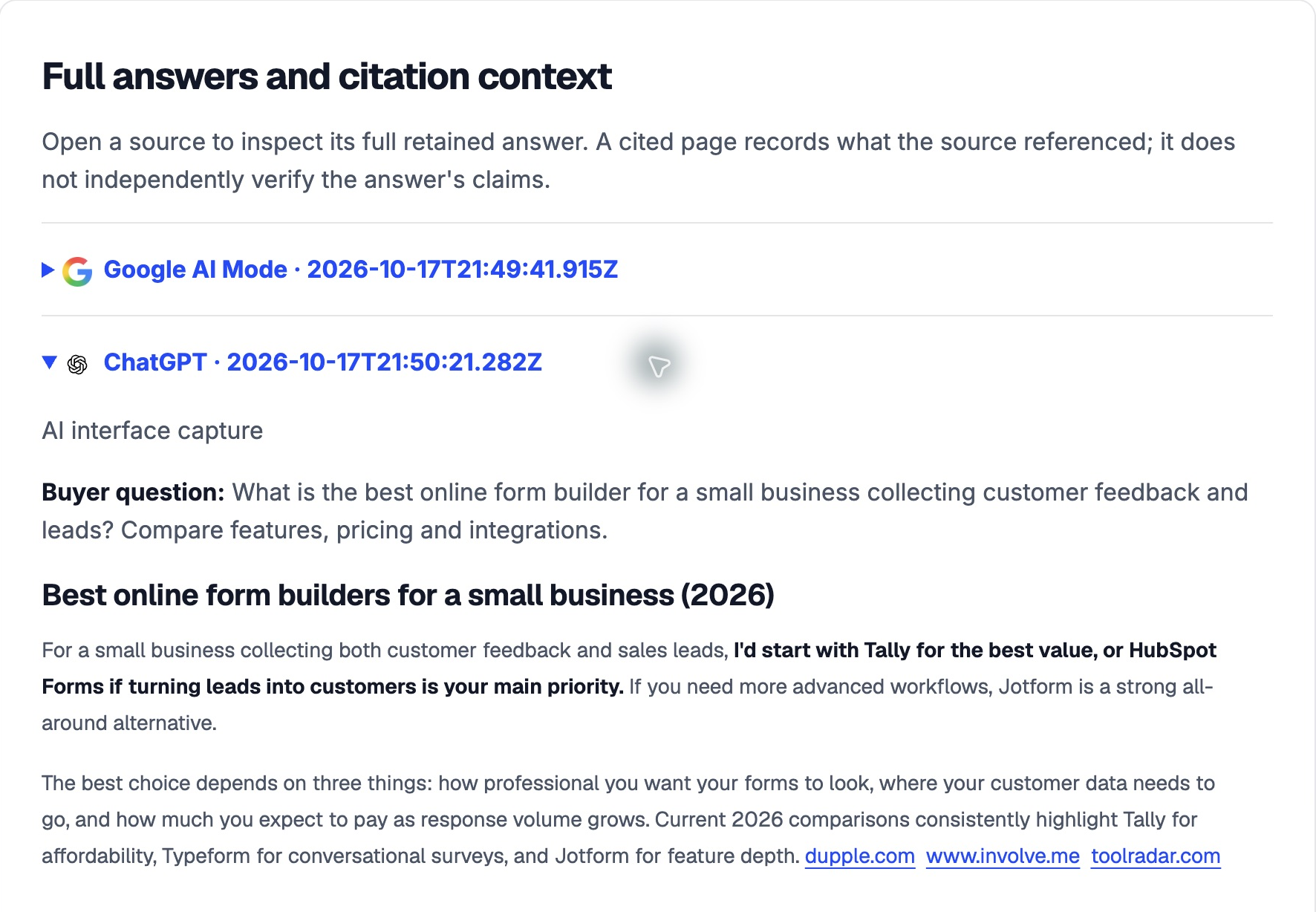 Expanded ChatGPT answer in the report with original timestamp, question and linked sources.