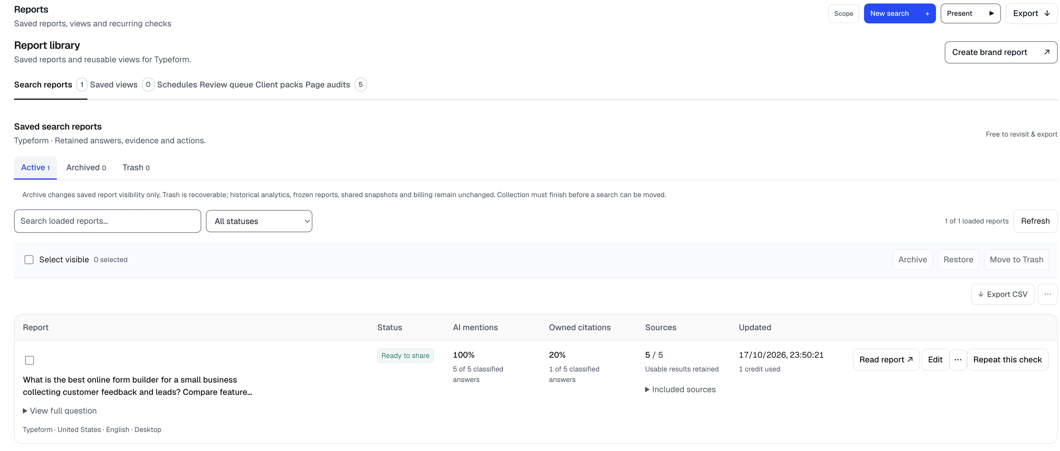 Current IndexHalo report library with a saved Typeform search and repeat-check action.