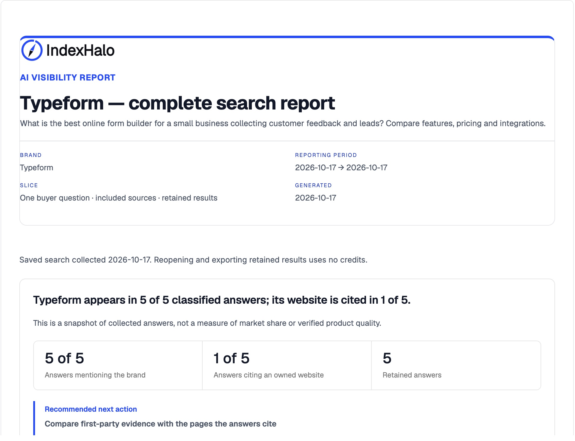 Saved Typeform report showing its exact question, 17 October reporting period, five mentions and one first-party citation.