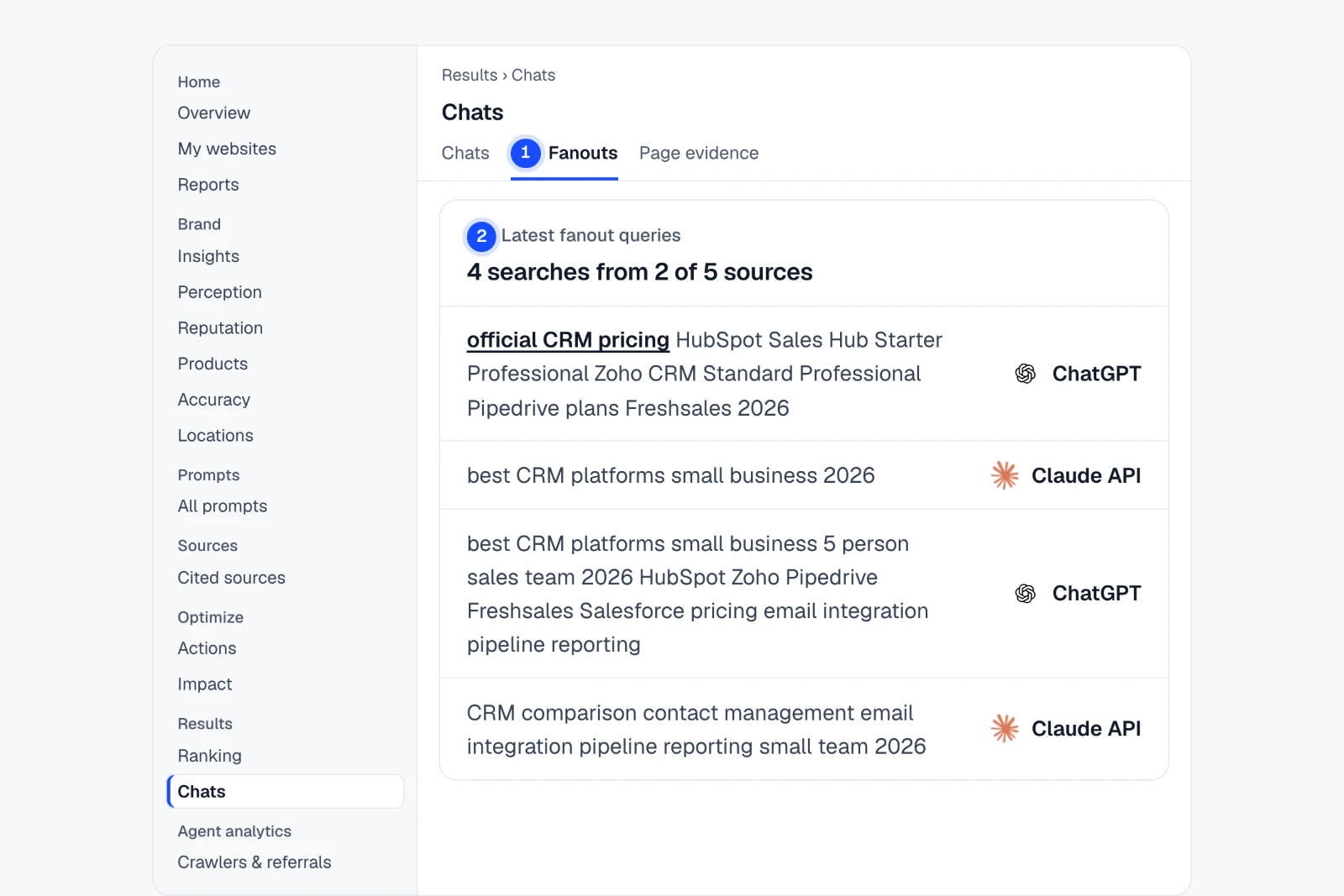 Tutorial: See what AI searches for while it answers. The Results › Chats › Fanouts view in IndexHalo with numbered steps.