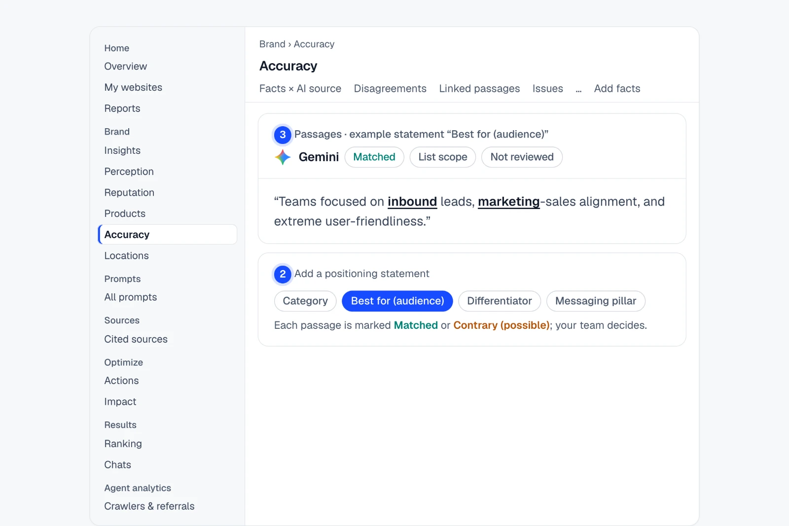 Tutorial: Hold AI’s description of you against your positioning. The Brand › Accuracy › Positioning view in IndexHalo with numbered steps.