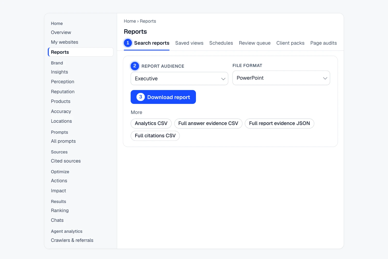 Tutorial: Export a client-ready report in the format they need. The Home › Reports view in IndexHalo with numbered steps.