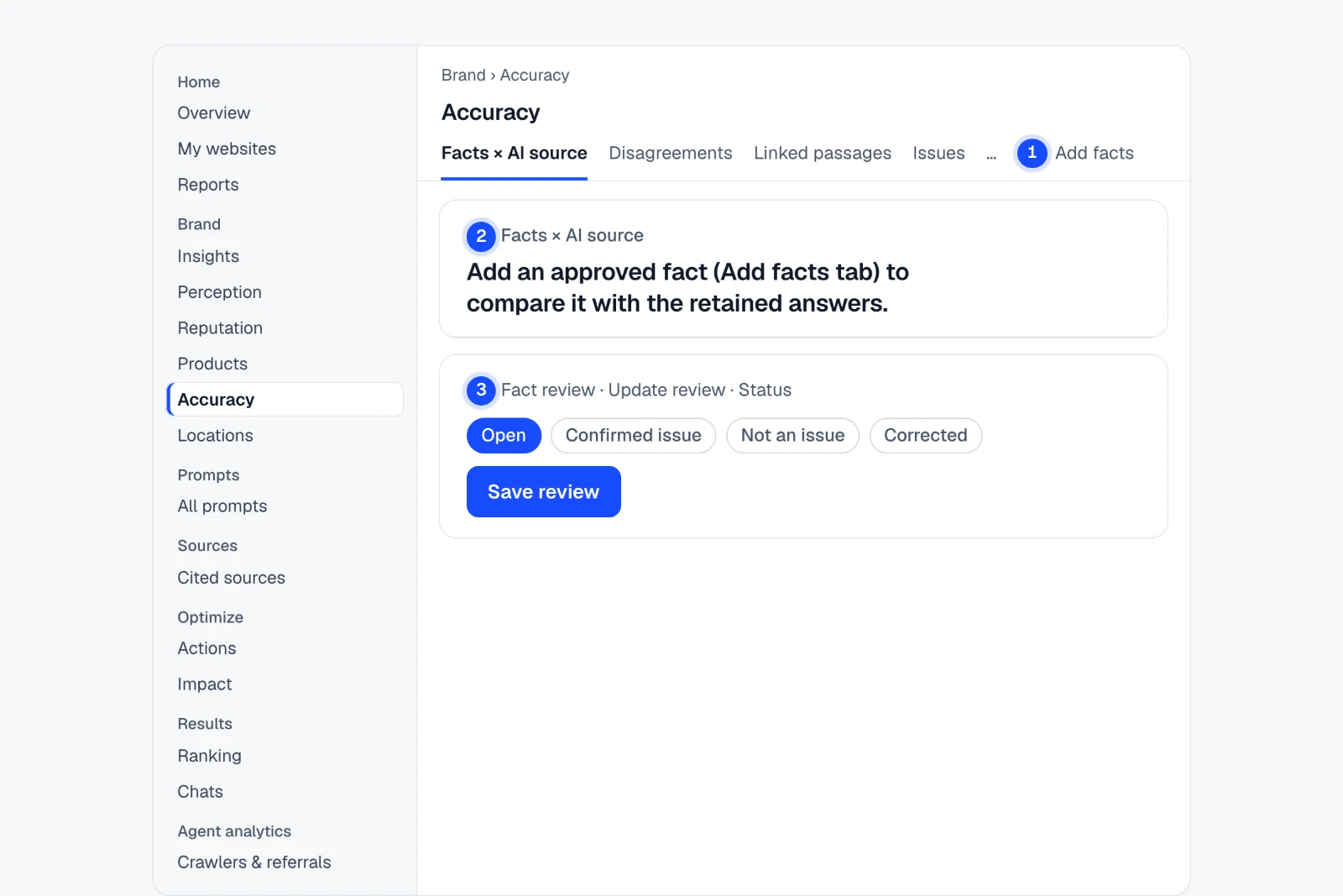 Tutorial: Check what AI says against the facts you approve. The Brand › Accuracy view in IndexHalo with numbered steps.