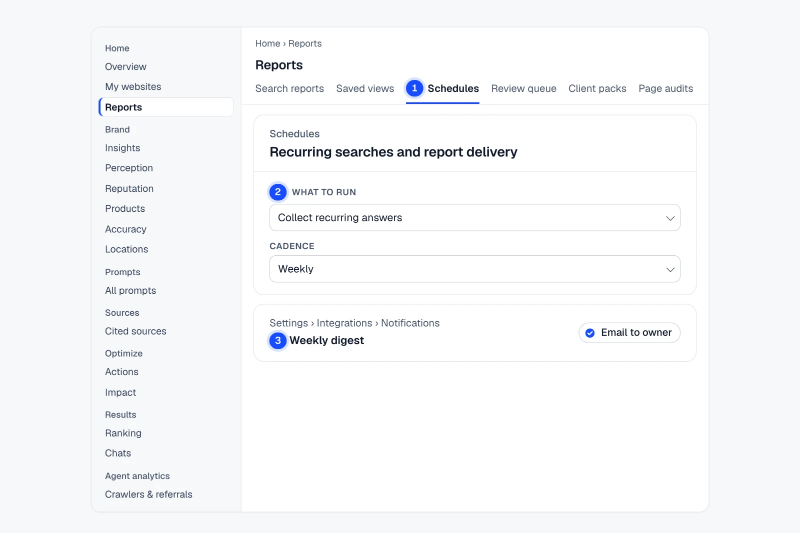 Tutorial: Schedule a recurring check and a weekly digest. The Home › Reports › Schedules view in IndexHalo with numbered steps.