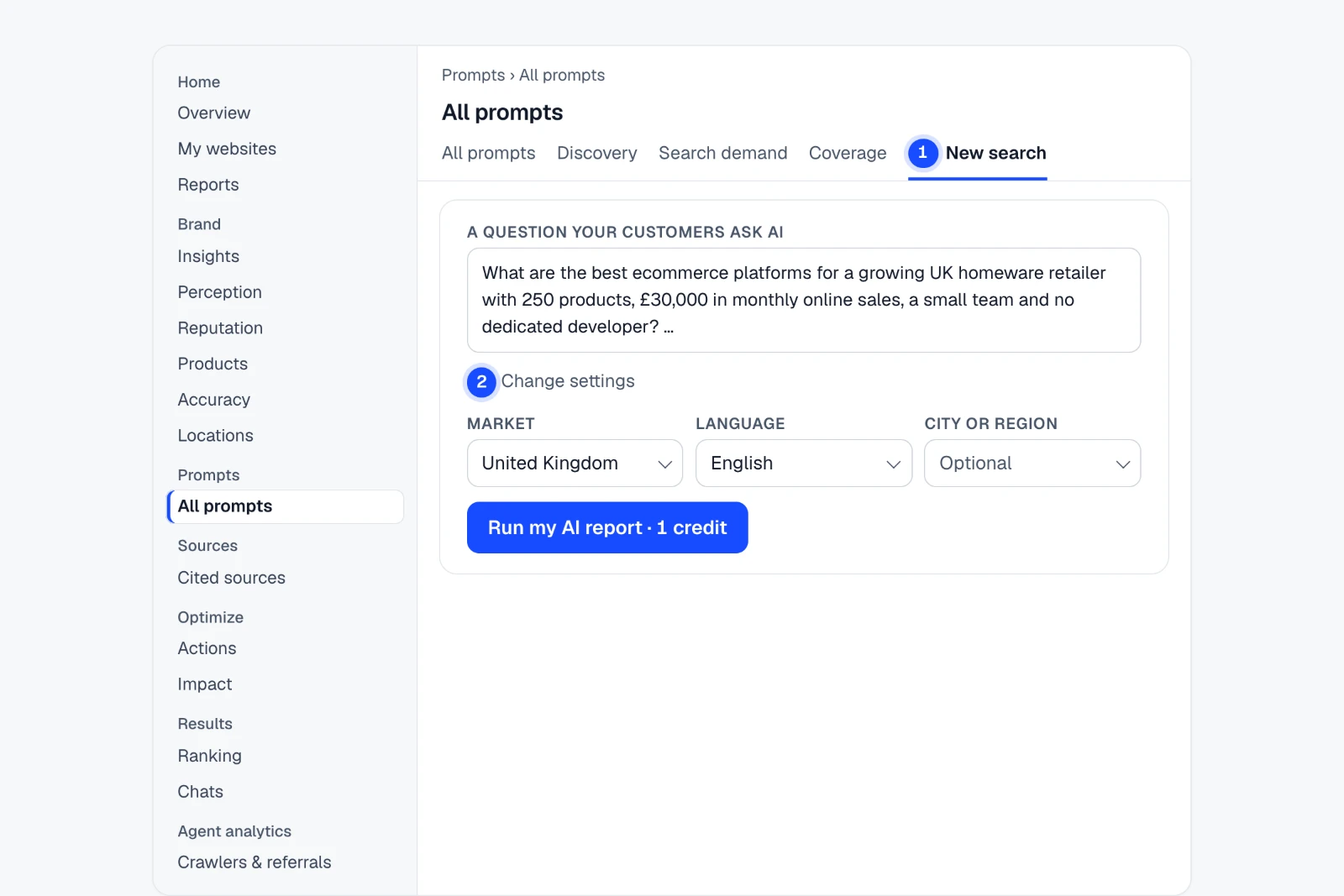 Tutorial: Ask the same question as a buyer in another market. The Prompts › All prompts › New search view in IndexHalo with numbered steps.