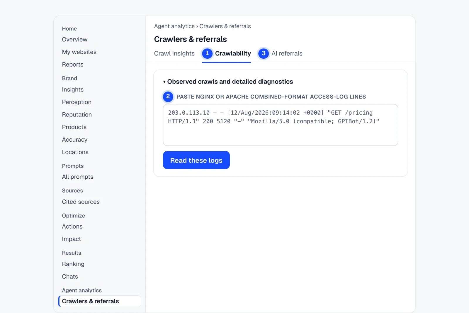 Tutorial: Read your logs for AI crawlers, and GA4 for AI visits. The Agent analytics › Crawlers & referrals view in IndexHalo with numbered steps.