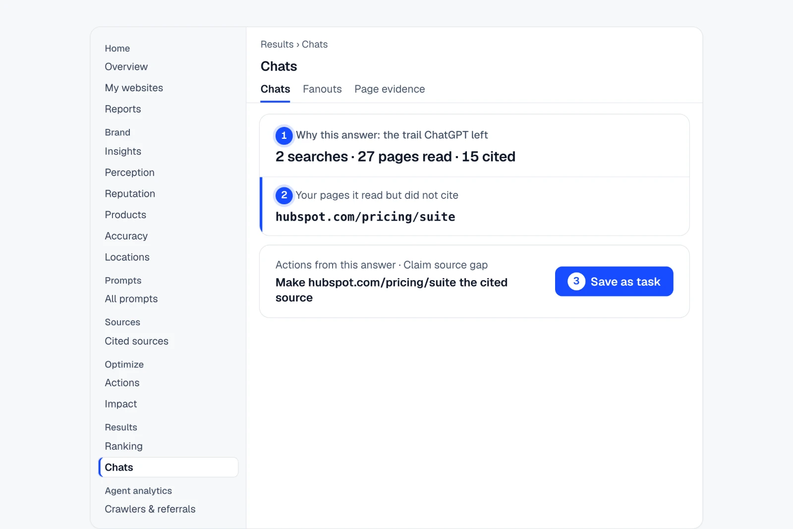 Tutorial: See what an answer searched, read and cited. The Results › Chats › Why this answer view in IndexHalo with numbered steps.